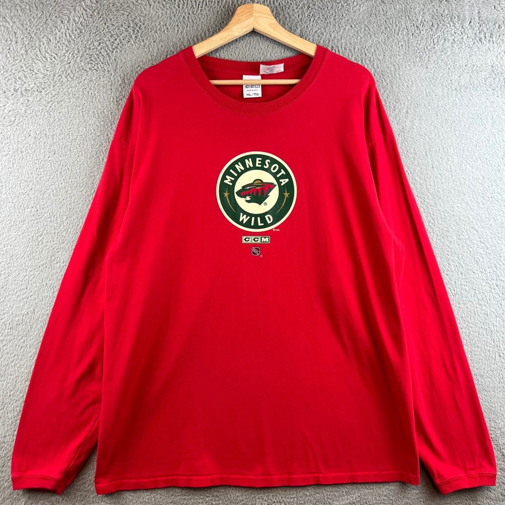 CCM Minnesota Wild NHL Long Sleeve T-Shirt Mens XL Red Hockey Graphic Tee